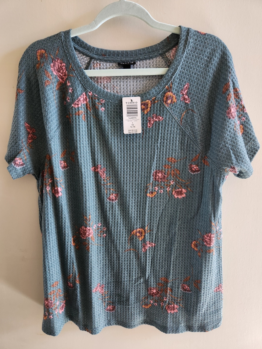 Torrid Crew Tee Waffle-Knit Floral Pine Green Shirt, 1x (14-16), NWT